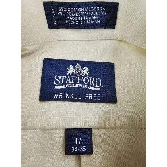 Stafford Size 17 34-35 Men's Tan Wrinkle Free Sdjustable Neck Button Super Shirt - Picture 4 of 9